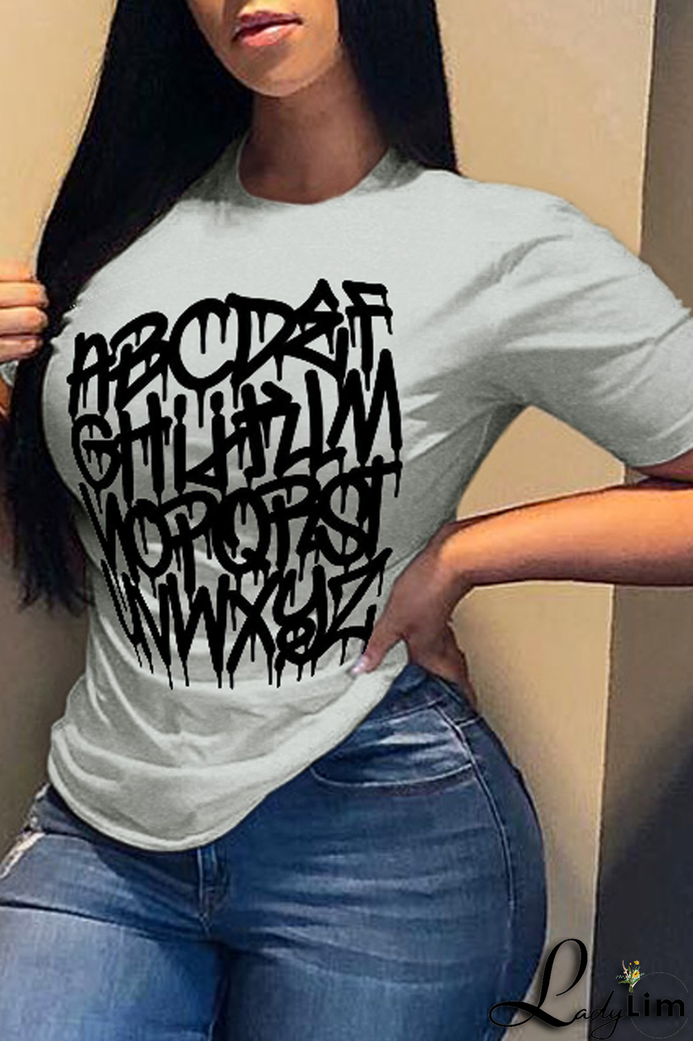 Navy Blue Fashion Street Print Split Joint Letter O Neck T-Shirts