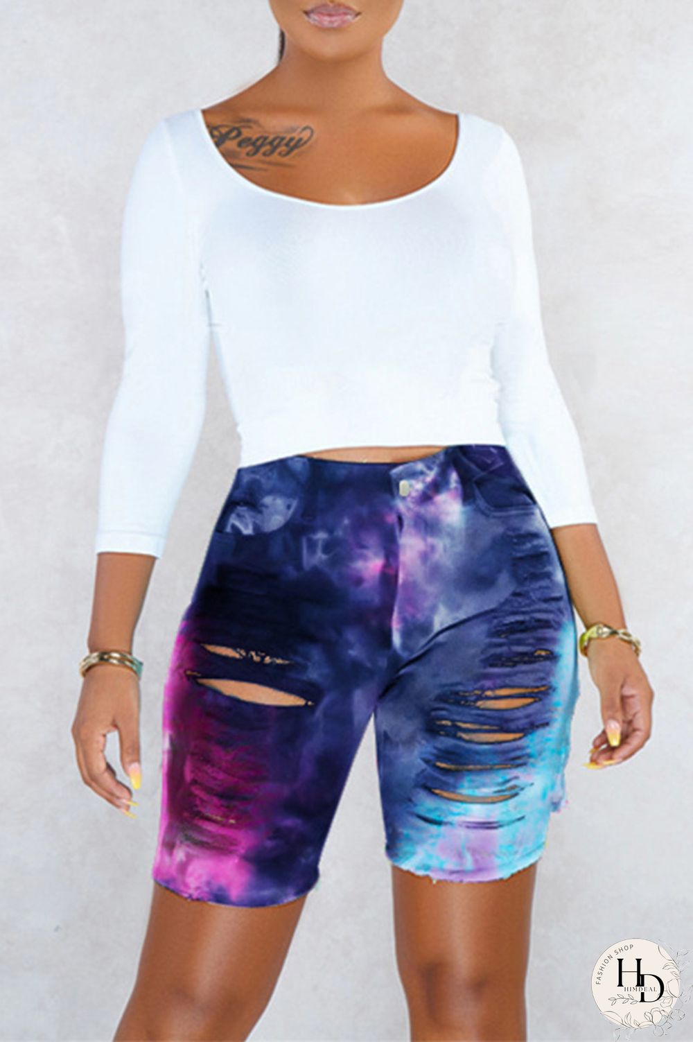 Cyan Fashion Casual Print Tie Dye Ripped High Waist Jeans