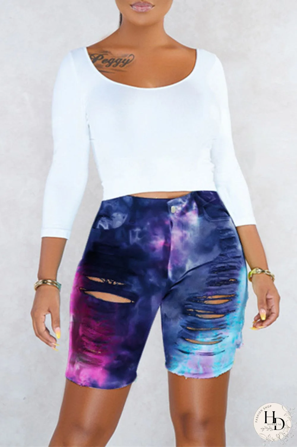 Cyan Fashion Casual Print Tie Dye Ripped High Waist Jeans