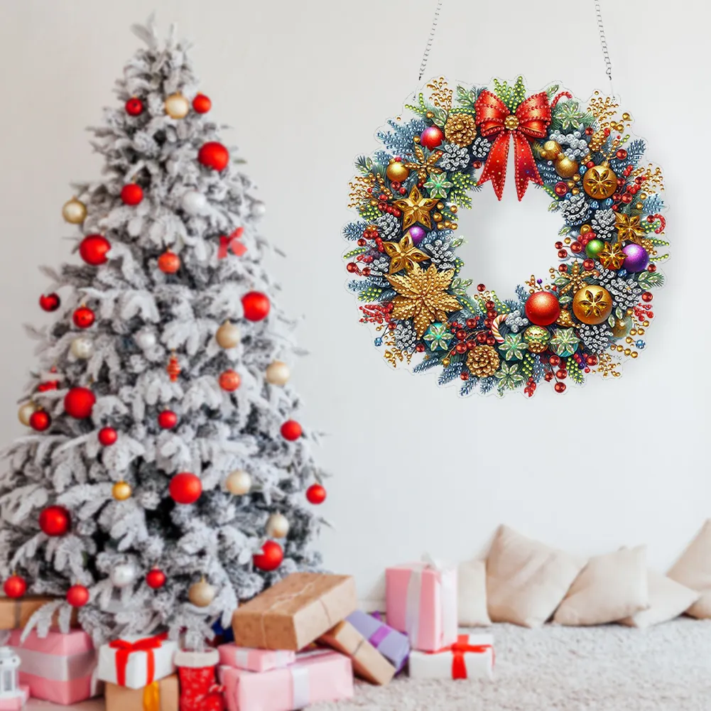DIY Christmas Wreath Acrylic Special Shape Diamond Painting Hanging Pendant for Wall Window