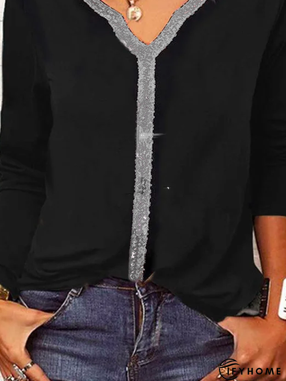 Casual V Neck Plain Long sleeve Loose T-Shirt | IFYHOME