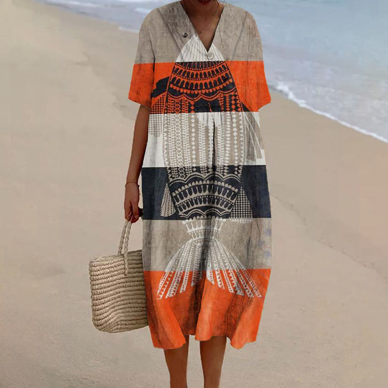 Women's Vintage Colorblocks Abstract Fish Art V-neck Short Sleeved Casual Midi Dress