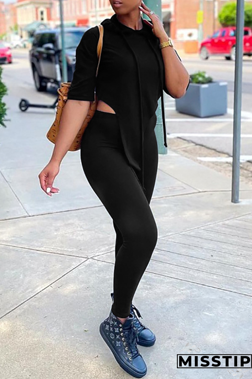 Black Casual Solid Patchwork Hooded Collar Short Sleeve Two Pieces