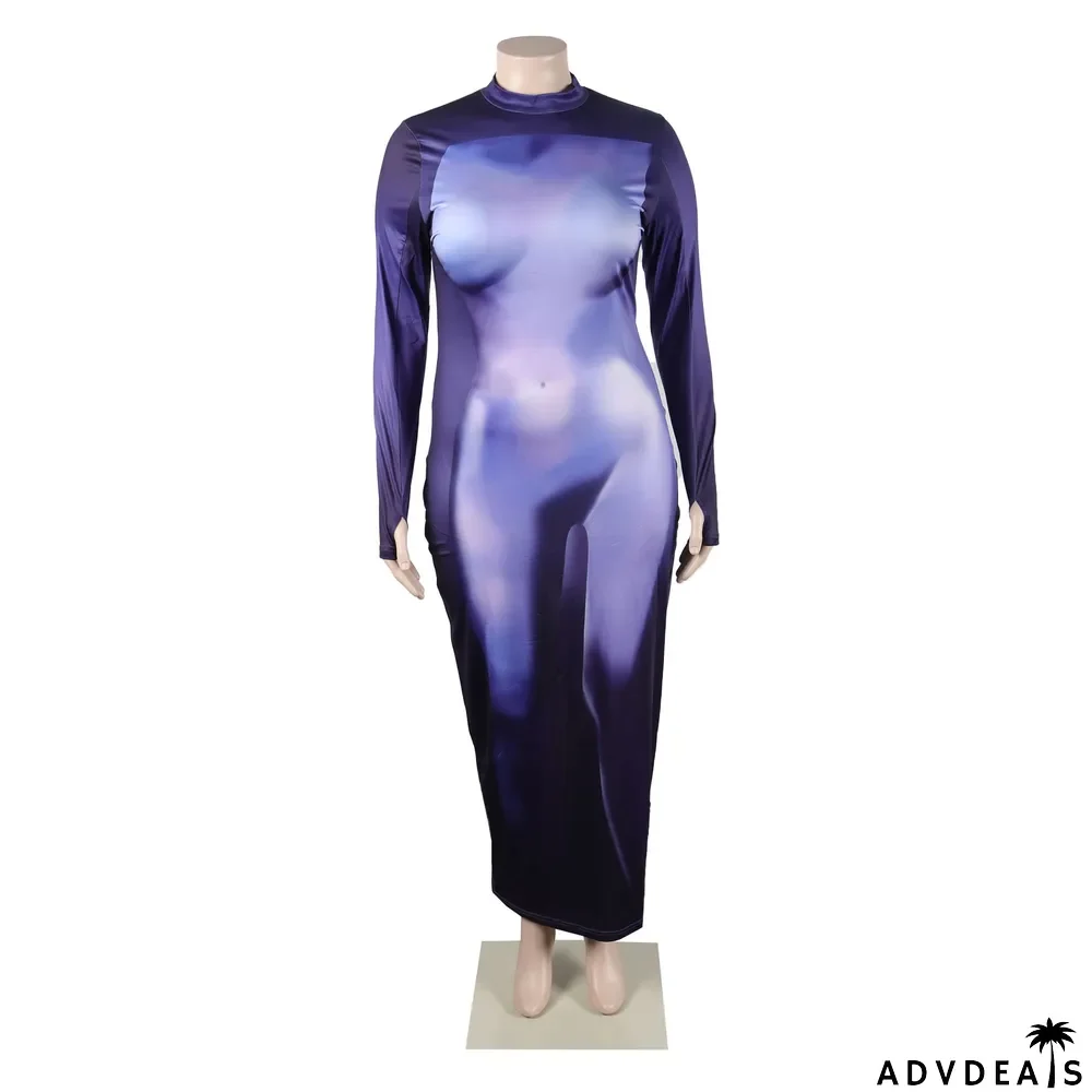 Fashion Casual Round Neck Slim Print Long Sleeve Bodycon Dress