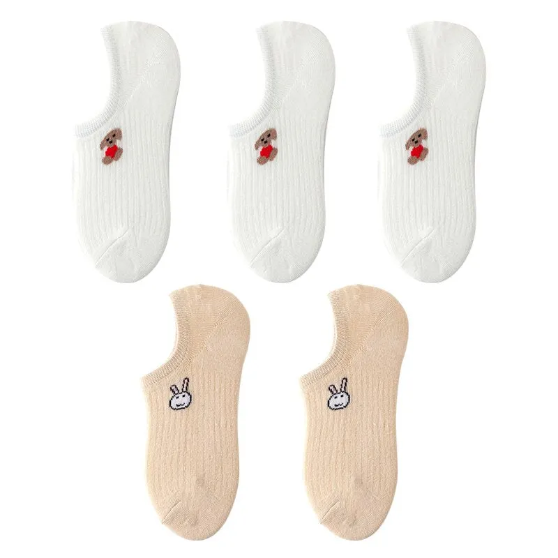 5 Pairs Kawaii Animal Print Women Socks Set Invisible Happy Fashion Ankle Funny Socks Set Girl Cotton Summer Slicone Non-slip