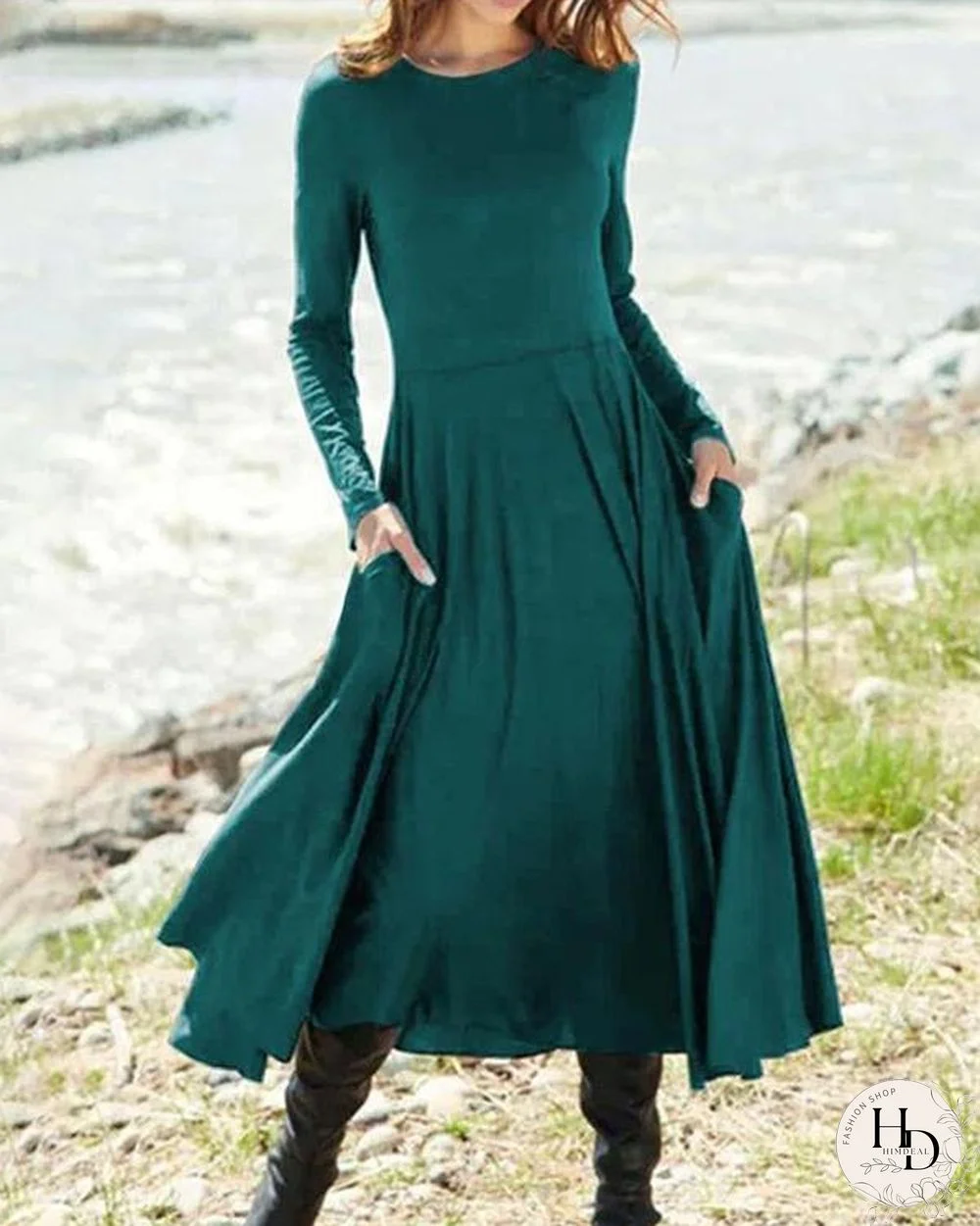 Women's Dresses Solid Round Neck Pocket Long Sleeve Dress