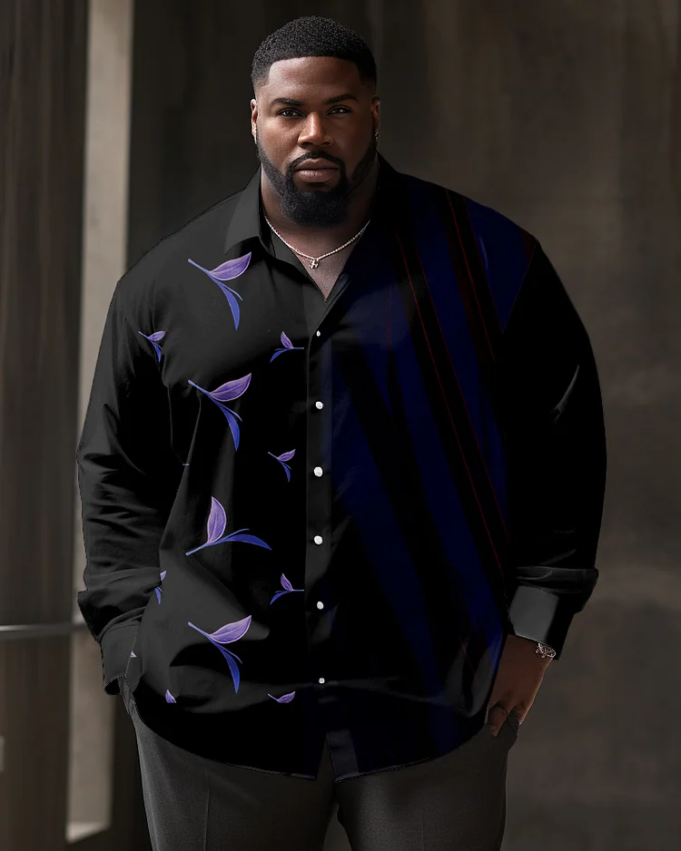 Men's Plus Size Petal Striped Pattern Lapel Casual Long Sleeve Shirt