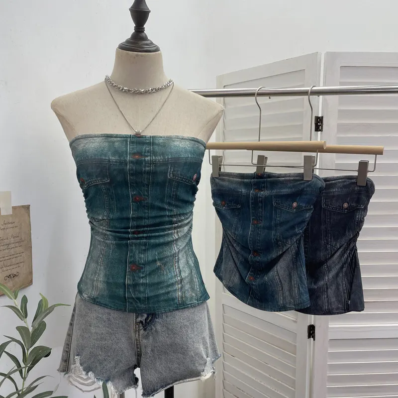Nigikala Nigikala Shooting Denimed Tie-Dye Printing Mesh Yarn Tectar Tset With Chest Cushion Anti-Slip Vest Short Top 1255