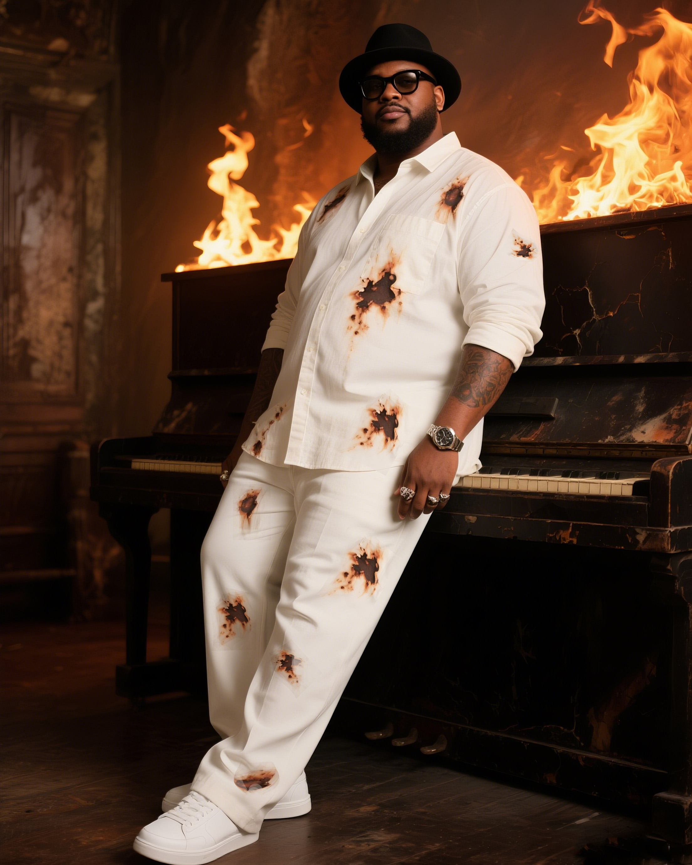 Big Boy Essential 2025 Fashion Art Flame Burn Mark Long Sleeve Shirt Trousers Suit