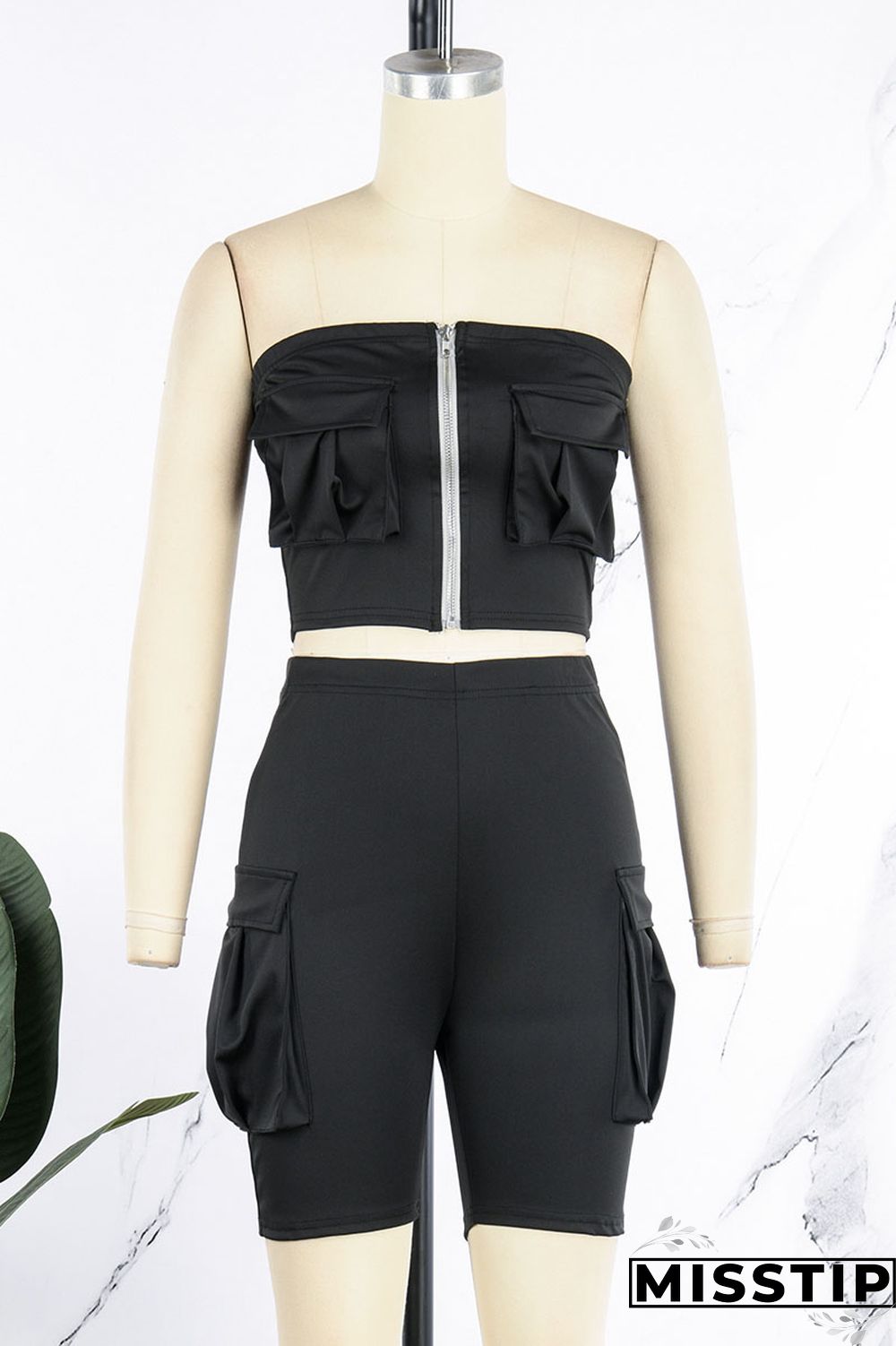 Dark Khaki Street Patchwork Pocket Zipper Strapless Sleeveless Two Pieces