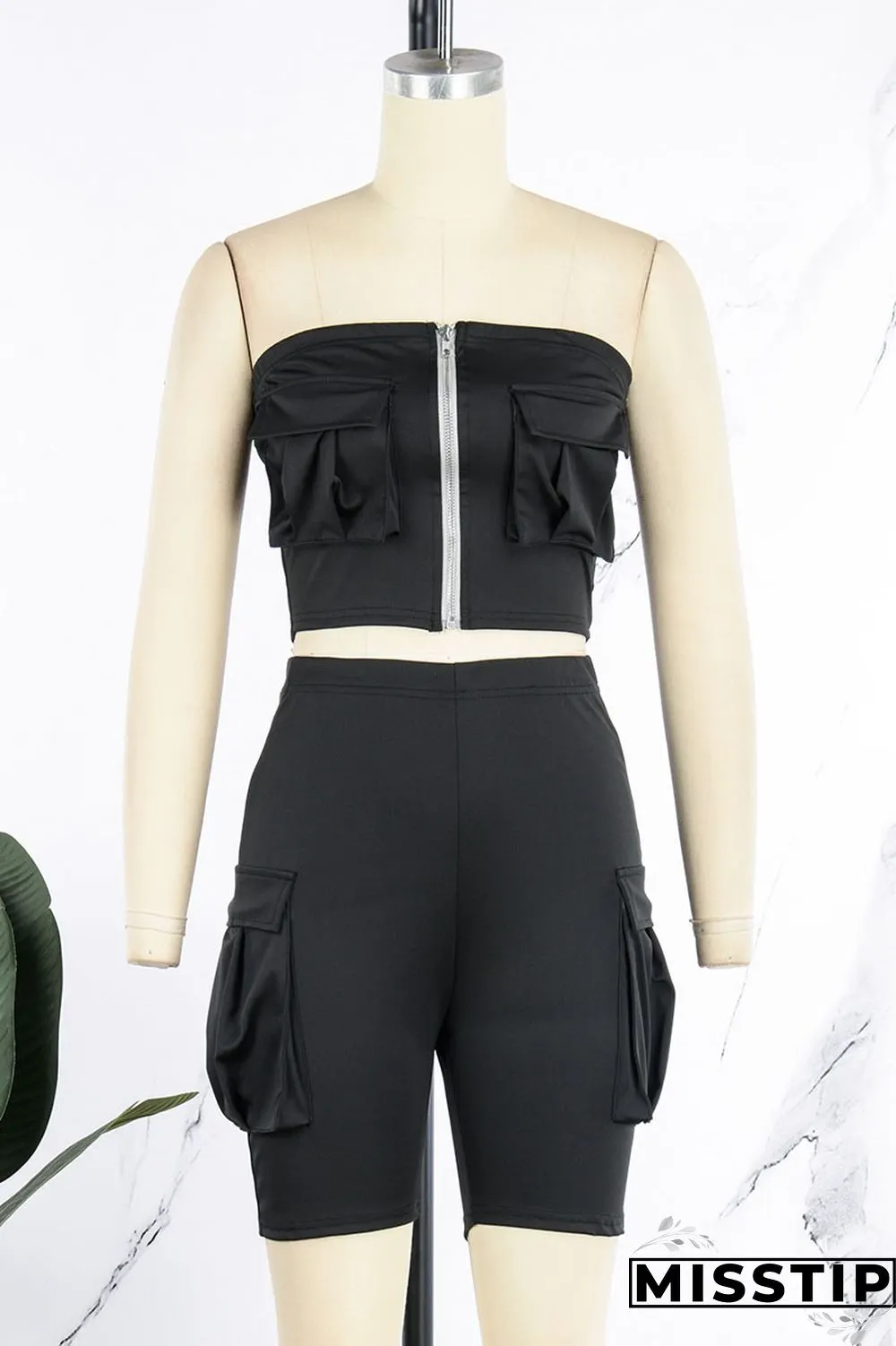 Dark Khaki Street Patchwork Pocket Zipper Strapless Sleeveless Two Pieces