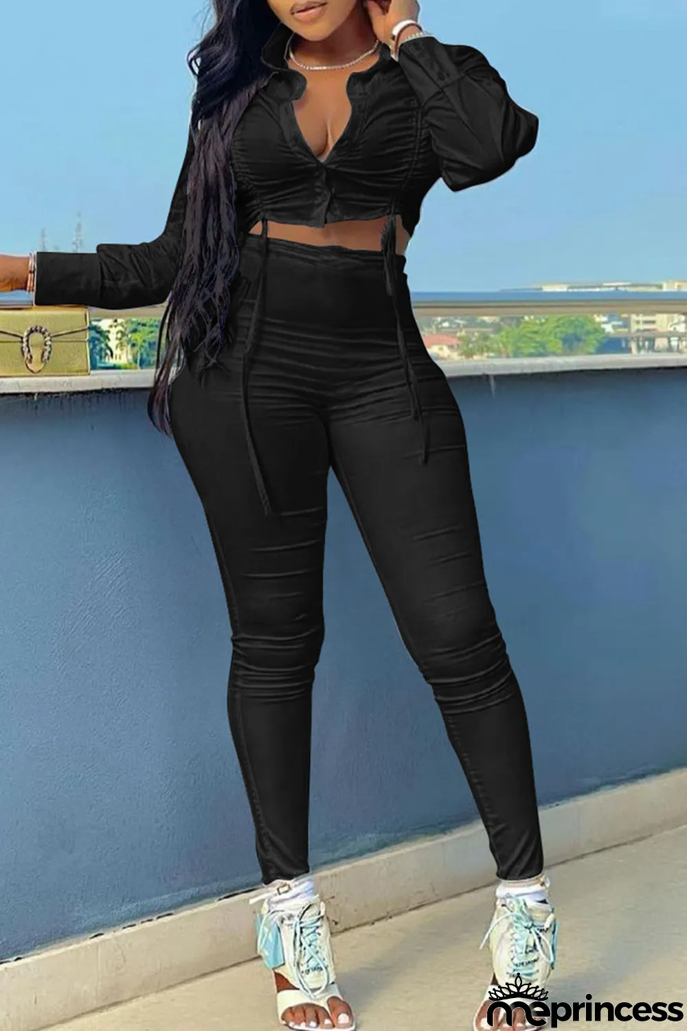 Rose Red Sexy Solid Split Joint Buckle Fold O Neck Long Sleeve Two Pieces