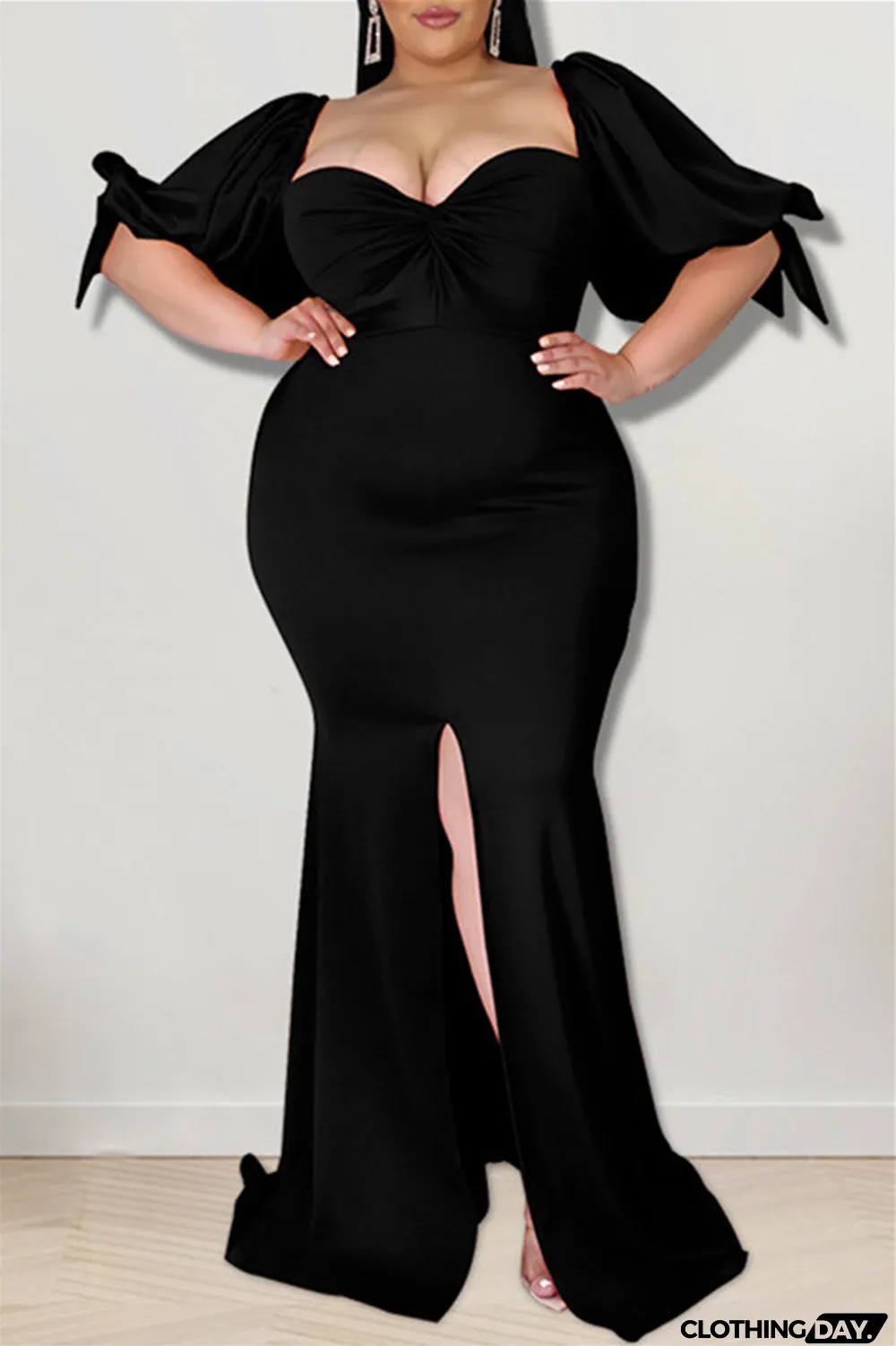 Yellow Fashion Sexy Plus Size Solid Backless Slit Square Collar Evening Dress