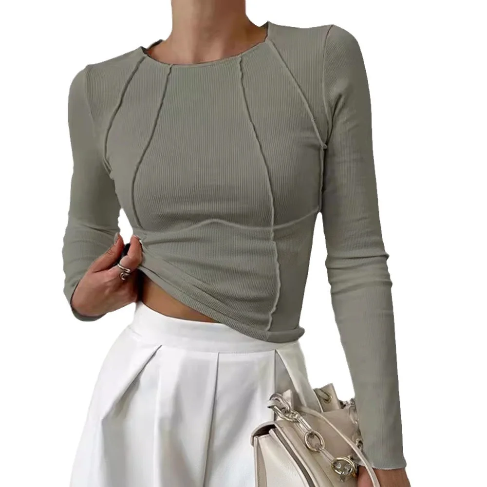 Nigikala Nigikala Shein New Spring Autumn New Sweet Spicy Solid Color Line Long-Sleeved Collar T-Shirt Girl