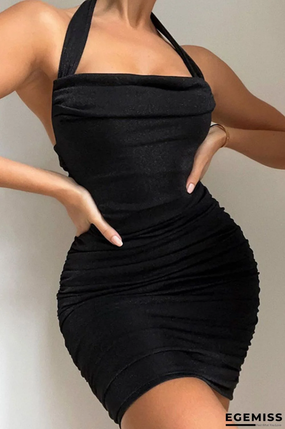 Black Sexy Solid Patchwork Backless Fold Halter One Step Skirt Dresses | EGEMISS