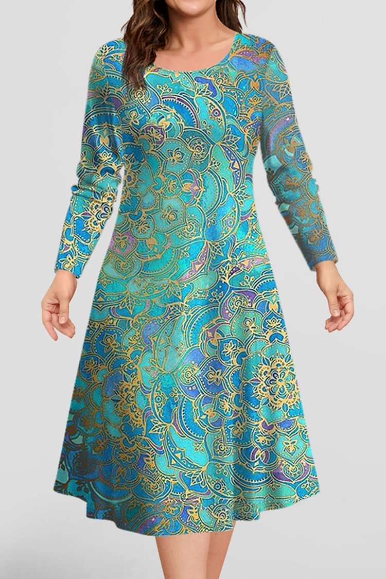 Flycurvy Plus Size Casual Green Gold Stamping Floral Print Midi Dress  Flycurvy [product_label]