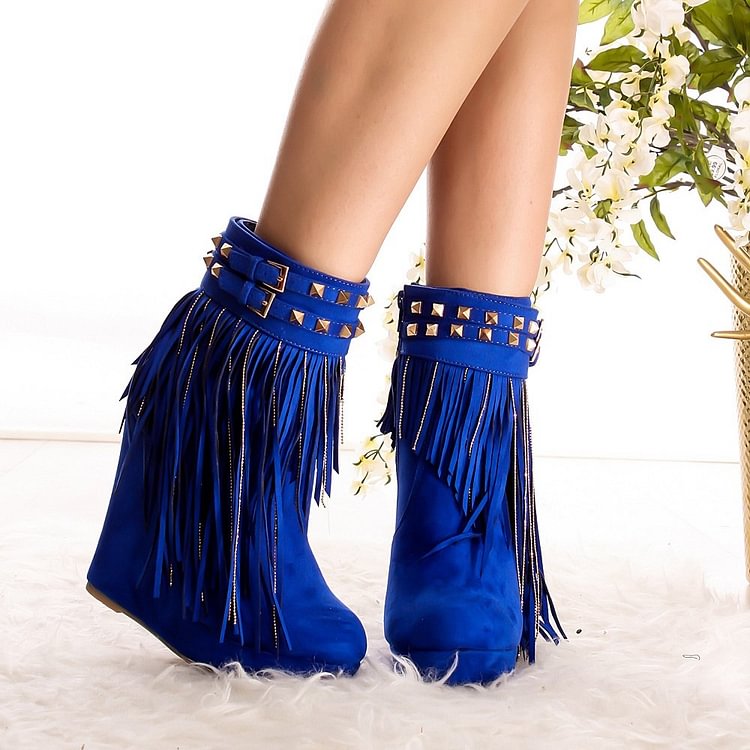Fashion Royal Blue Fringe Boots Suede Wedge Heel Ankle Boots for Women |FSJshoes