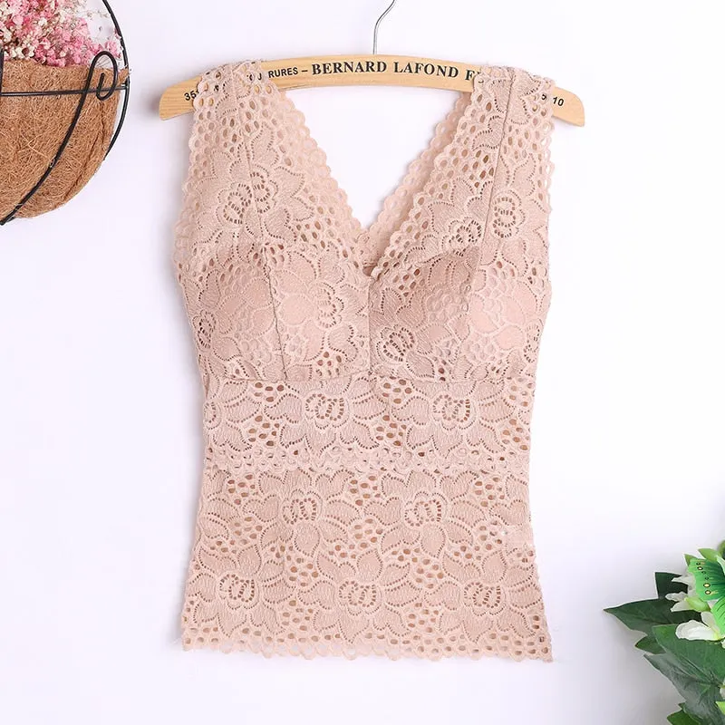 Sexy Tank Top Lace Wireless Paded Lingerie Vest Sexy V-Neck Crop Top Back Hollow Lace Trim Tee Camisole Feminino Cami