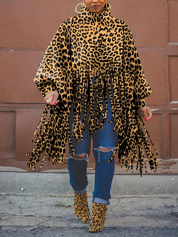 Leopard Tasseled Zipper Long Sleeves Loose Stand Collar Sweatshirt Tops