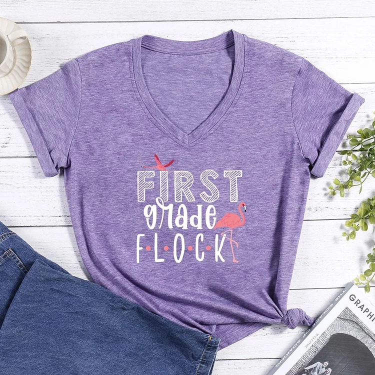 First Grade Flock V-neck T Shirt-Annaletters