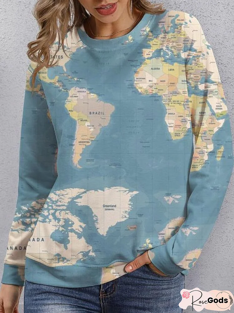 Map Printed Off Shoulder Loosen Casual Sweatshirts