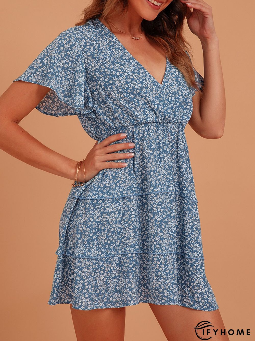 Blue Sweet V Neck Silk-Chiffon Weaving Dress | IFYHOME