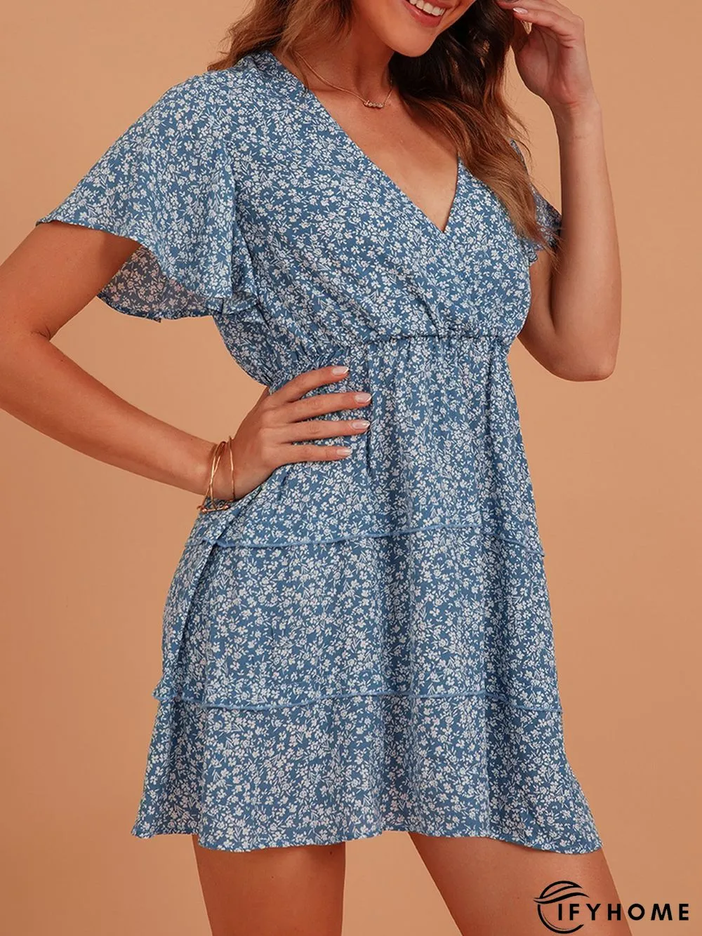 Blue Sweet V Neck Silk-Chiffon Weaving Dress | IFYHOME