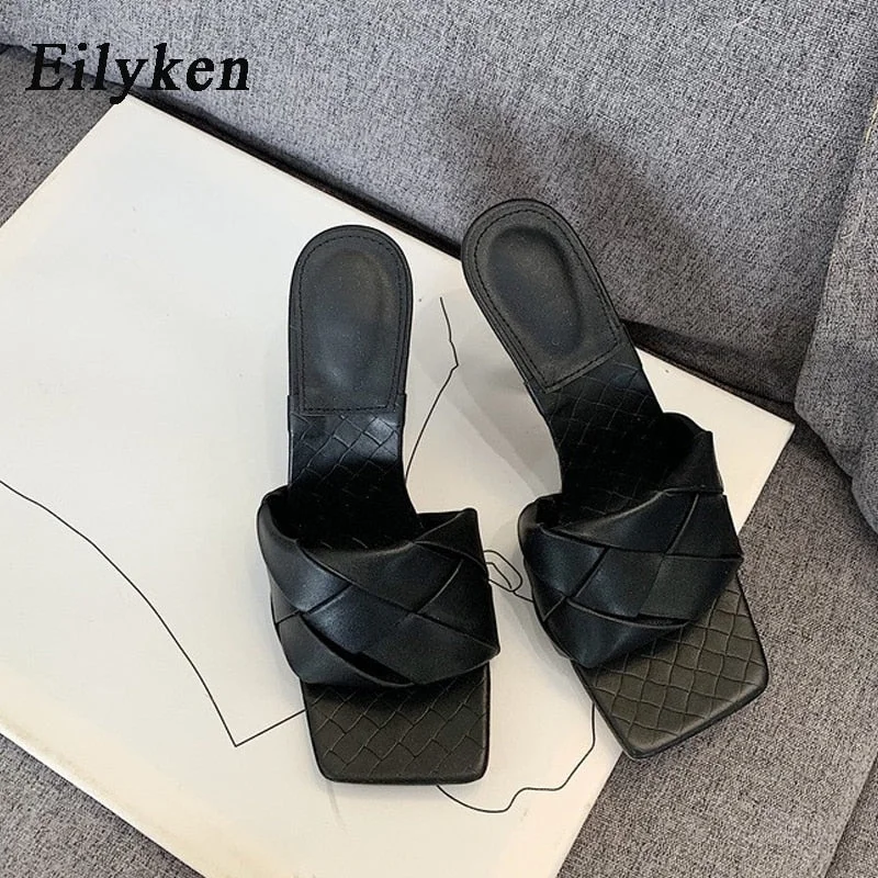 Eilyken Summer New Design Weave Square Toe Heels High Quality PU Leather Slippers Gladiator Beach Womens Sandal Slides Shoes