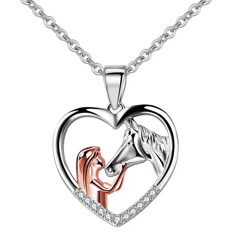 hollow with horse pendant necklace inlaid zircon silver plated cute design for women teen birthday holiday gift details 0