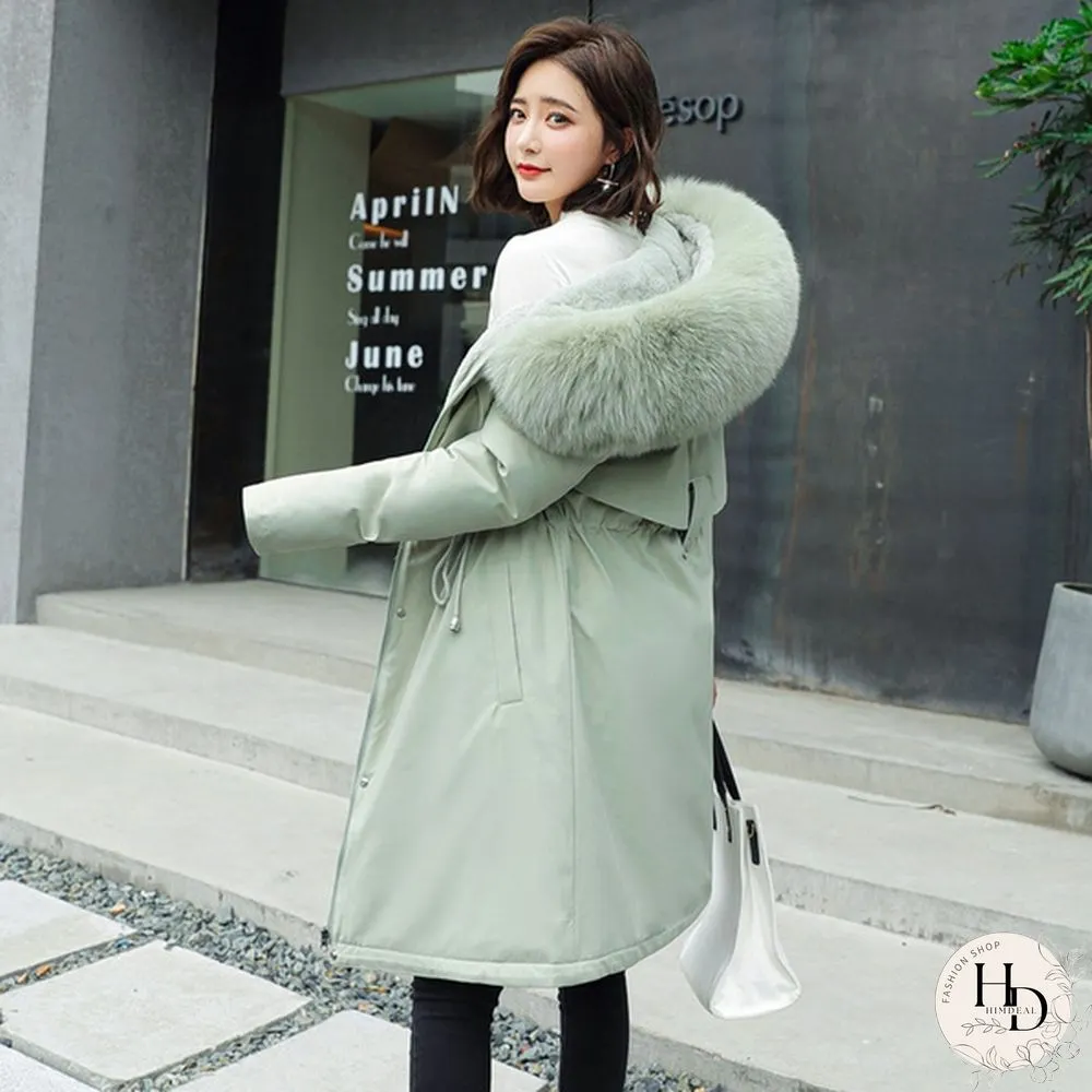 New cotton liner parker parka fashion adjustable waist fur collar winter jacket women