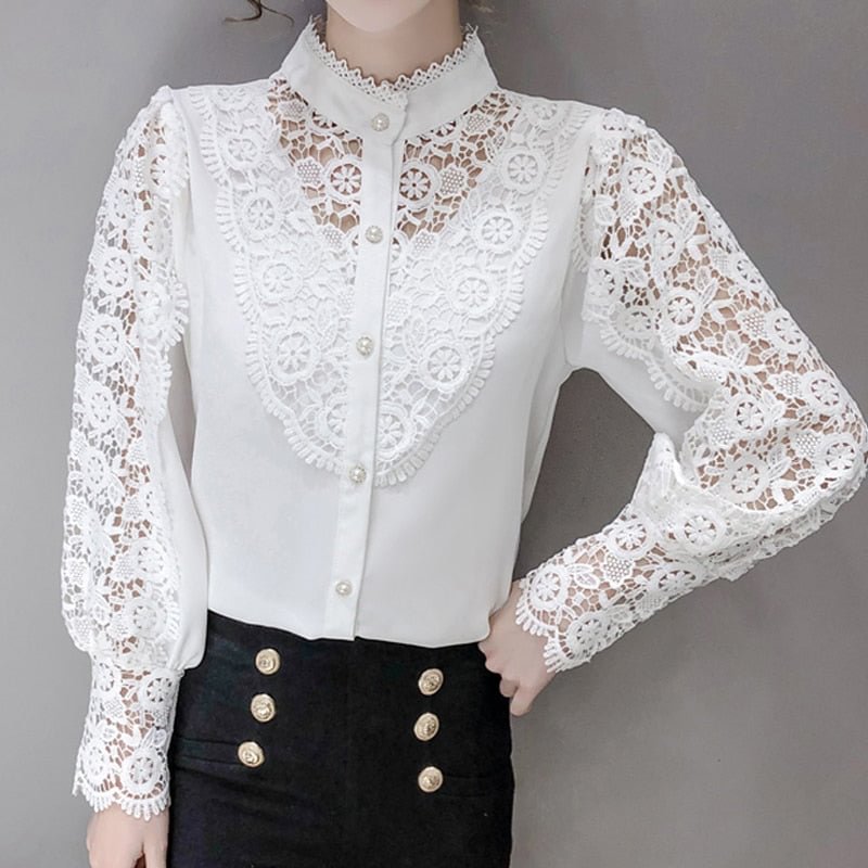 New Stand-up Collar Crochet Hollow Lace Stitching Bottoming Thin Shirt 2021 Korean Style Puff Sleeve Sexy Blouse Women 12731