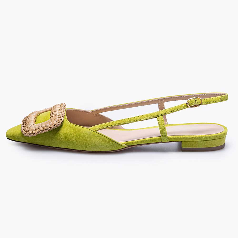 Women's Green Vegan Suede Closed Toe Buckle Slingback Flats Nicepairs