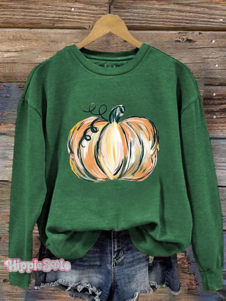 Women&rsquo;s Watercolor Pumpkin Thanksgiving&Halloween Print Crew Neck Sweatshirt Dark Green / S