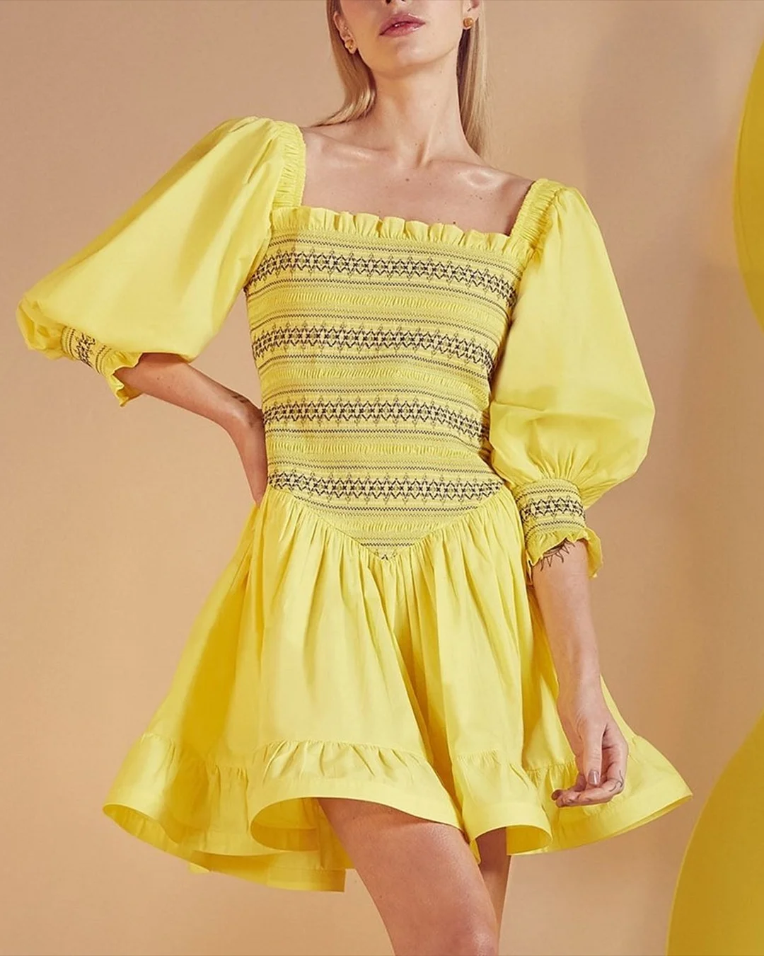 Women' Long Sleeve Printed Yellow Dress
