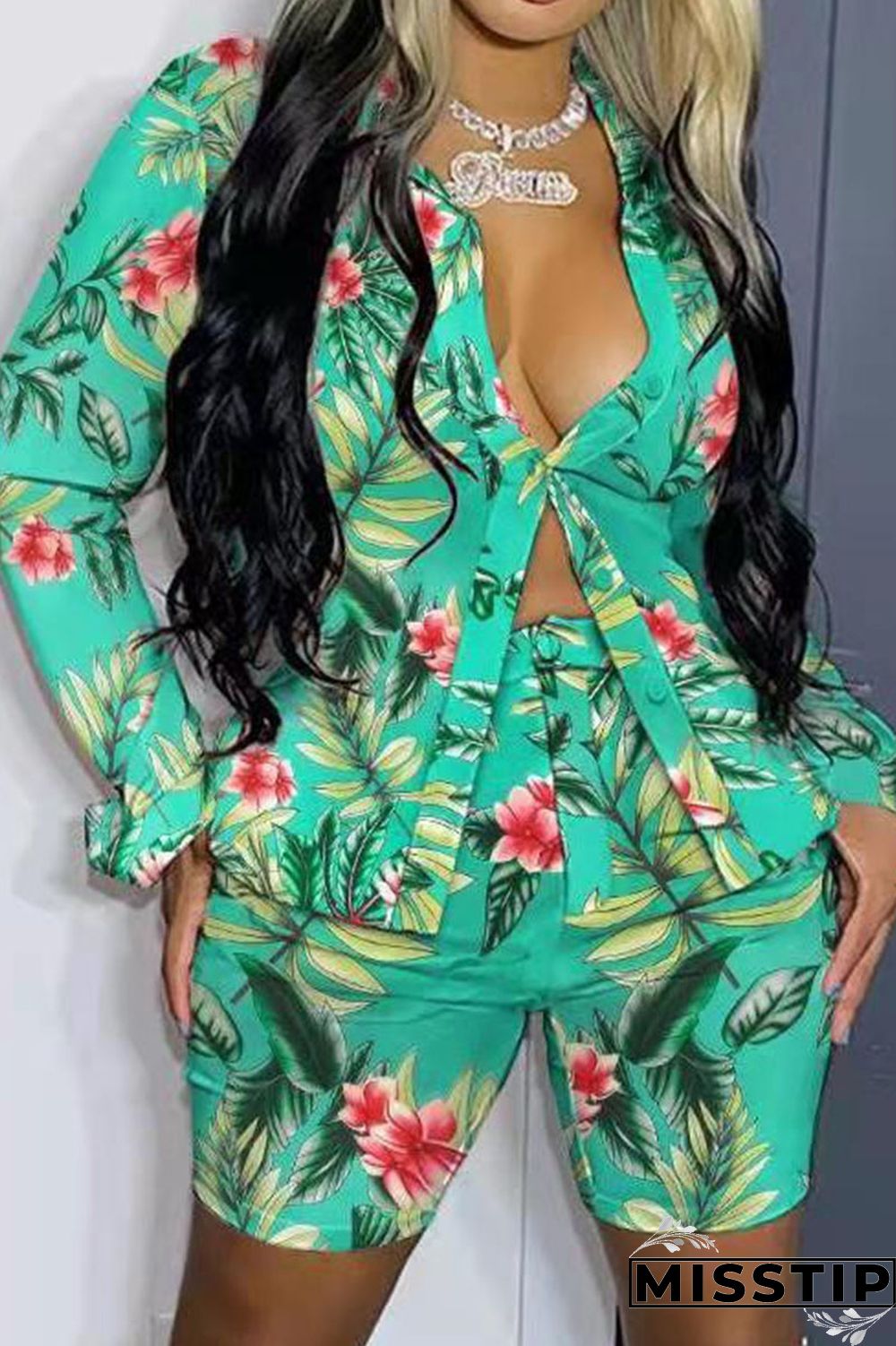 Green Casual Print Patchwork Buckle Turndown Collar Long Sleeve Two Pieces