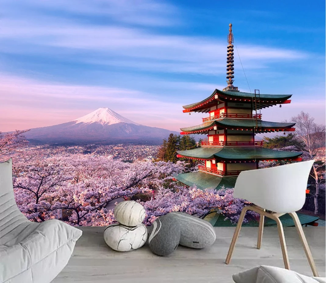 Japanese Cherry Blossoms Mount Fuji Landscape Wall Hanging Tapestry Ancient Palace With Moon Nature Scendry Home Wall Blanket