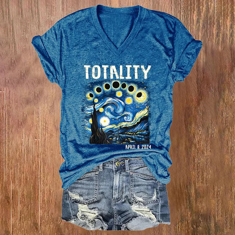 Comstylish Retro Starry Night & Totality Solar Eclipse Of April 8, 2024 Print V-Neck T-Shirt