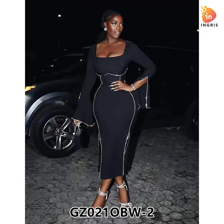 2024 HO Style Daily French Square Collar Long Flare Sleeve Sides Split Midi Dress Street Dinner Dresses-GZ021OBW