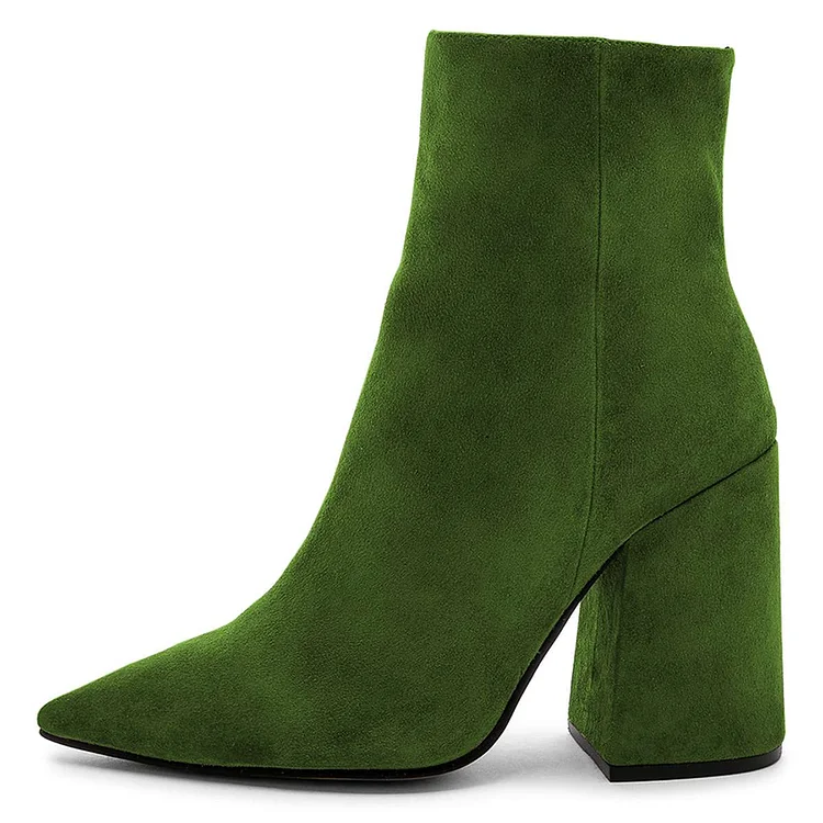 Green Vegan Suede Pointy Toe Block Heel Ankle Boots |FSJ Shoes