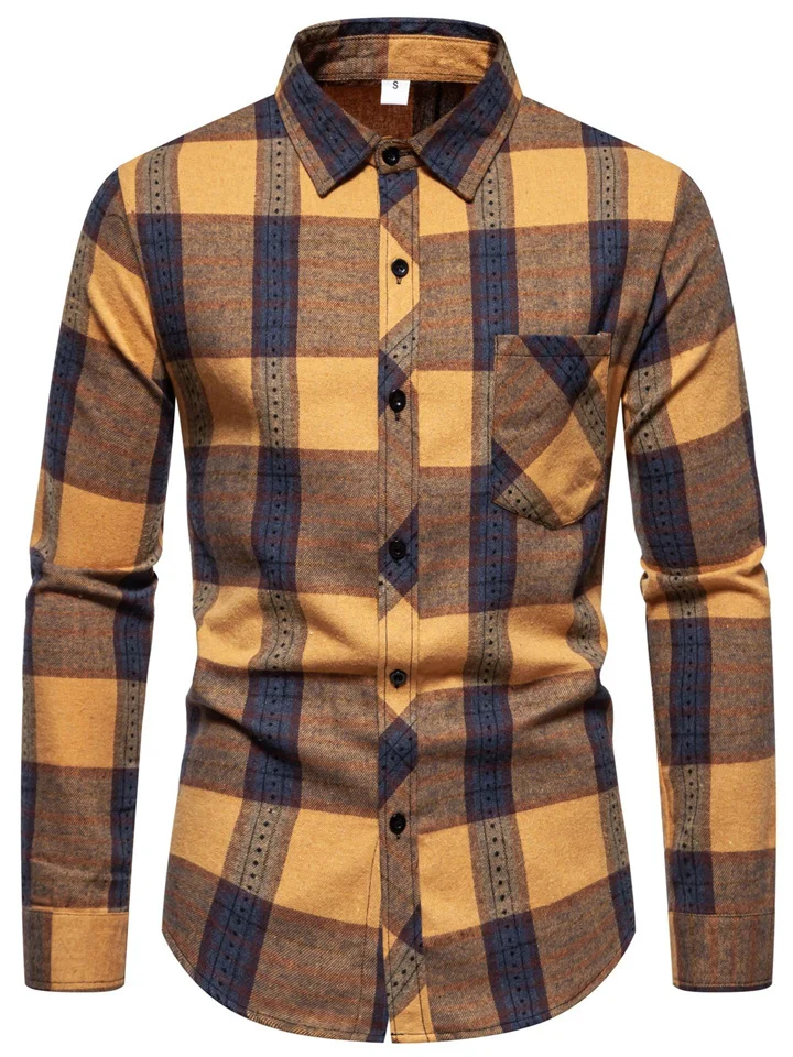 Men's Business Brushed Lapel Long-sleeved Shirt Loose Color Collision Plaid Fashion Long-sleeved Pocket Shirt Men