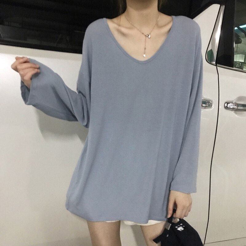 T-shirt Loose V-Neck Women Casual Tops Flare Sleece Oversized Solid Color Simple Female Clothes 2020 Fashion Woman T-shirts
