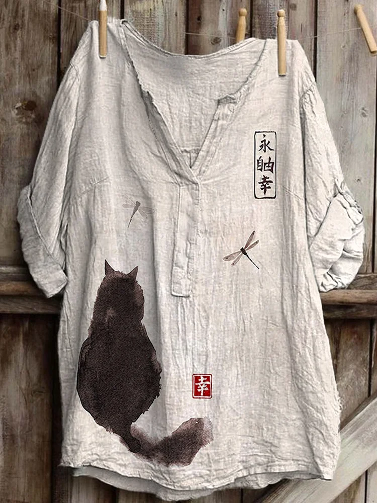 Cat Ink Painting Art Print Linen Blend V-neck Shirt