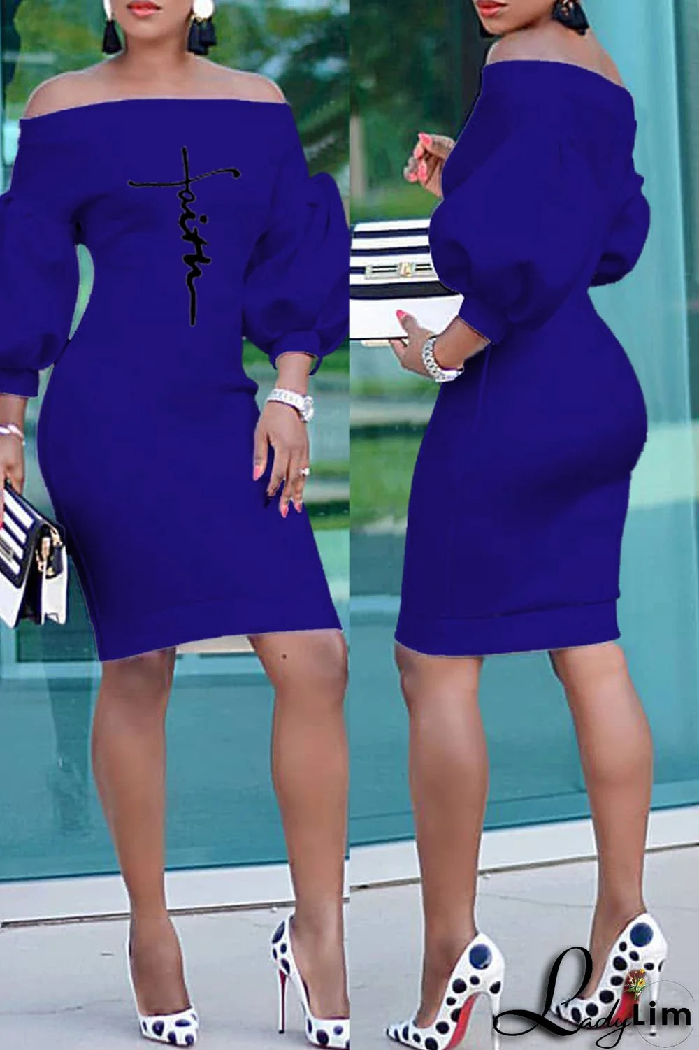 Burgundy Fashion Casual Print Basic Off the Shoulder Long Sleeve Dresses