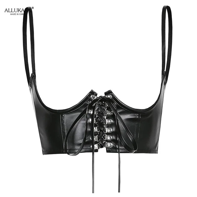 Fashion Sexy PU Leather Goth Punk Lace-Up Bandage Black Bustier Women Corset Streetwear Underbust Support Braces Shaper top