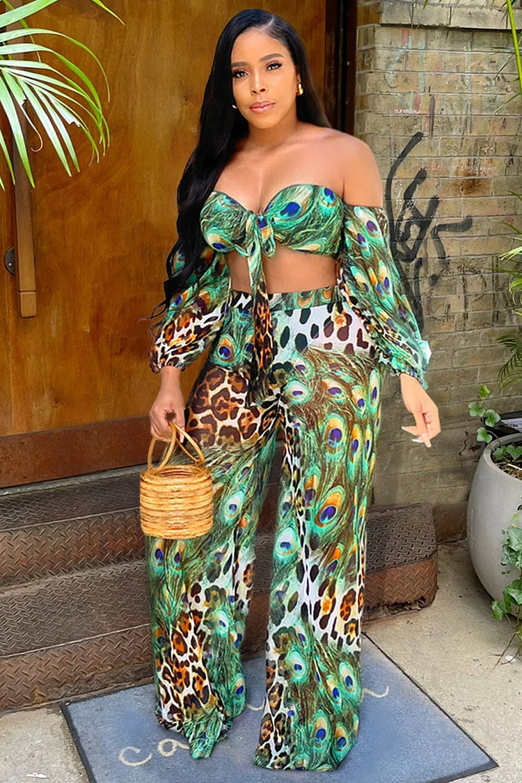 Animal Print Long Sleeve Off Shoulder Knotted Crop Top Wide Leg Pants Vacation Matching Set-Green