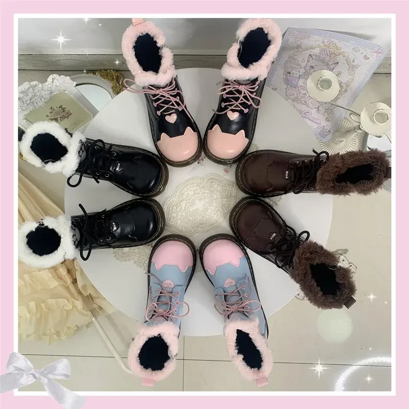 Black Pink Sugar Kitty Paw Lolita Winter Boots