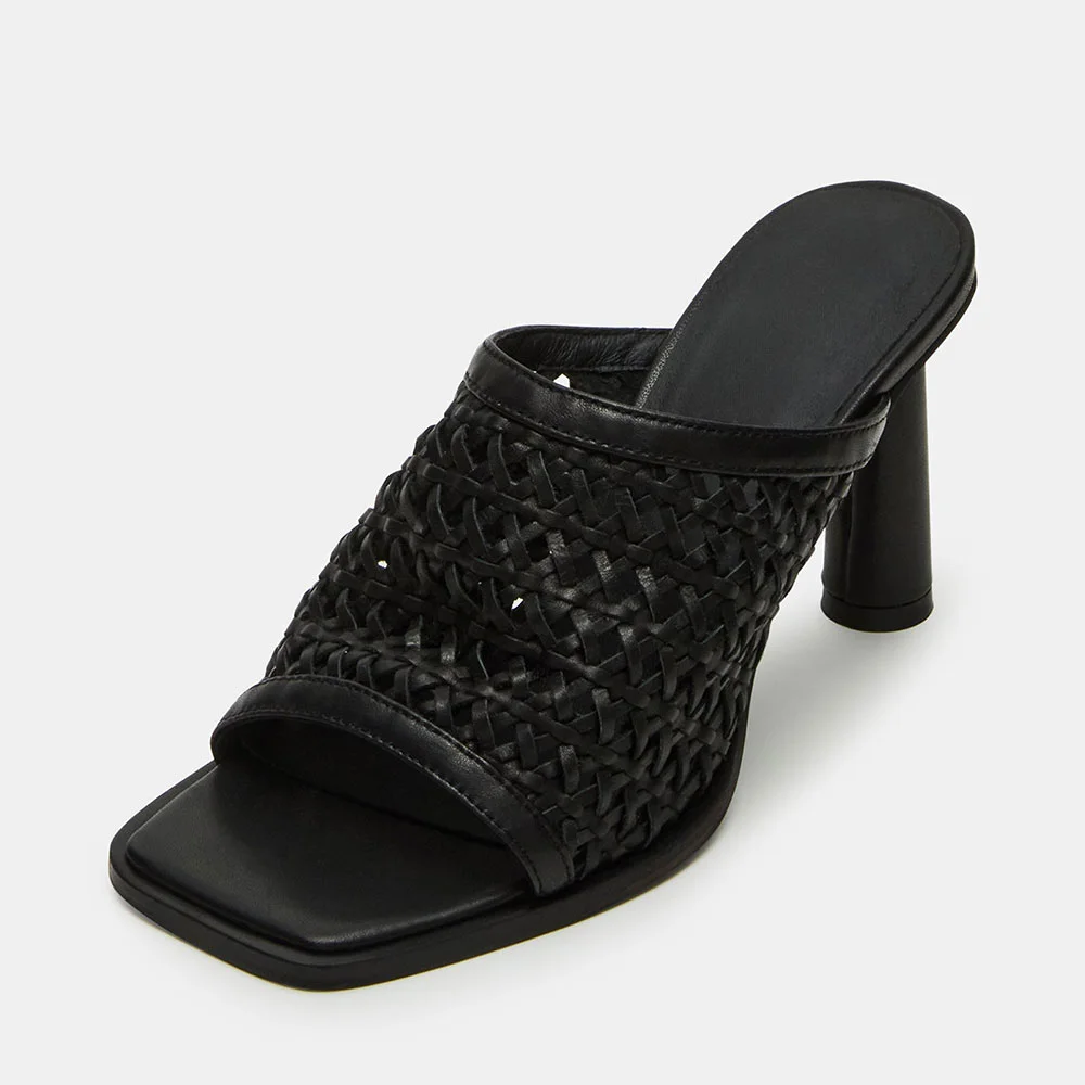 Chic Black Open Square Toe Woven Cylinder Heel Mules Sandals