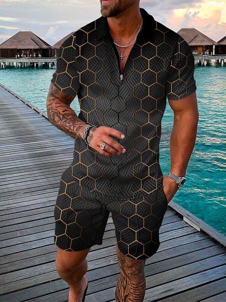 Men's Vacation Geometric Printed Polo Suit