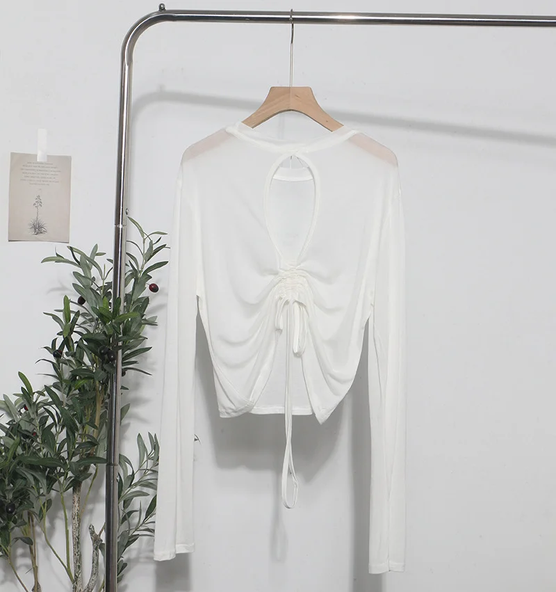 Uveng Han Shied Bare Back Drawstring Blouse Woman Summer Small Casual Wear Thin Hoodie Short-Sleeved T-Shirt 85827
