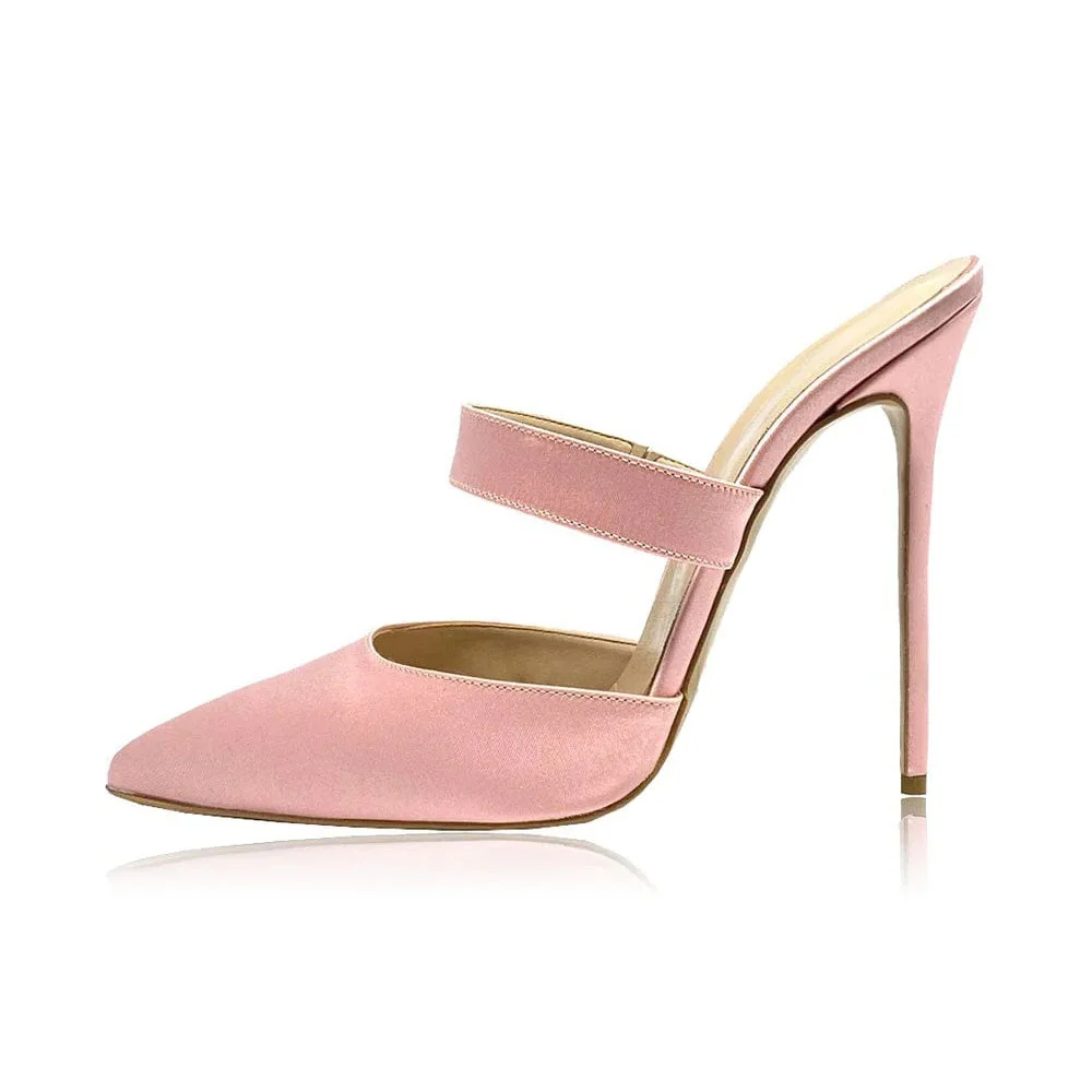 Women's Slip On Stiletto Heels Pink Strap Pointy Toe Mules Shoes